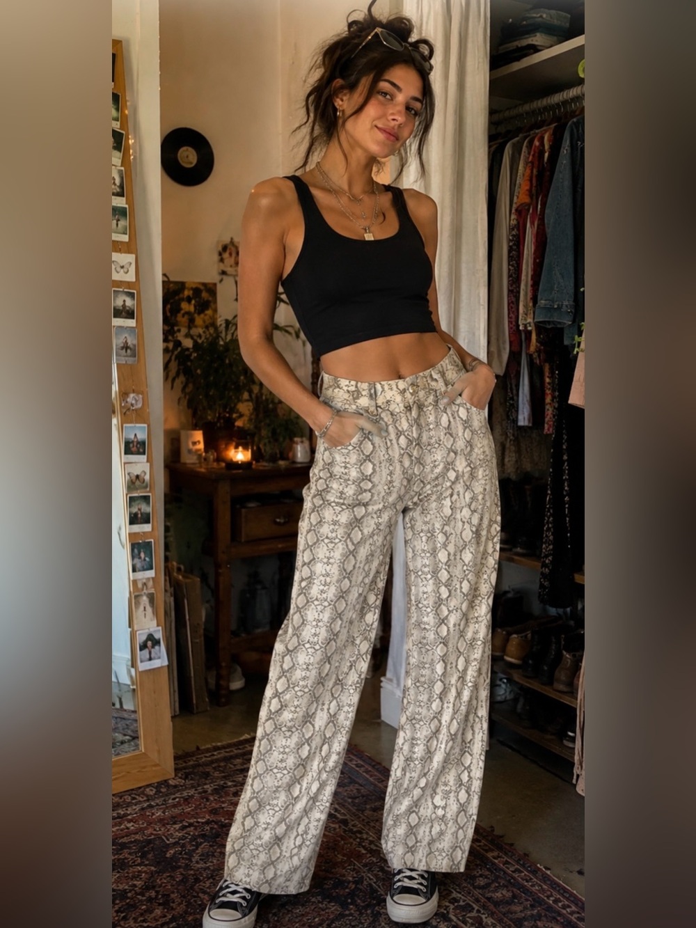Zara Snakeskin Print Jeans 26” X 28”Pant High Rise Wider Leg